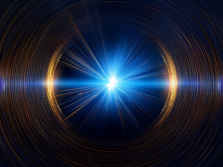 Intense light bursts from a central point, radiating outwards within concentric golden rings against a deep blue backdrop.  The effect is one of cosmic energy and power.