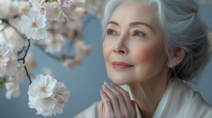 Naklejka premium Elderly woman admiring cherry blossoms in serene setting.