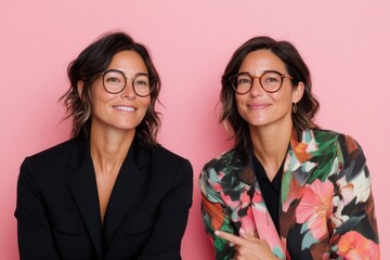 Twin businesswomen wearing eyeglasses smiling on pink background