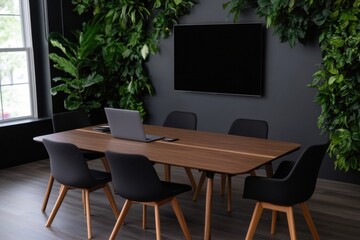Fototapeta premium Modern conference room decorated with vertical garden and tv screen