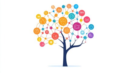 a creative mind map chart clipart, brainstorming process element, colorful connected nodes, flat design, isolated on white background 