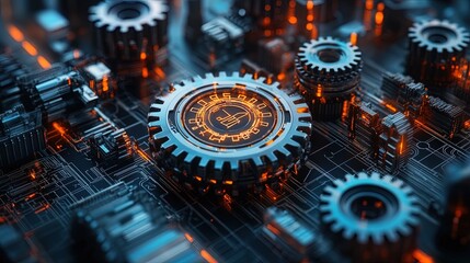Mechanical gears and diagrams overlayed on a 3D hologram, futuristic engineering concept