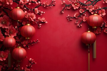 Obraz premium paper-cut design of Chinese New Year illustration with copy space featuring lanterns and flowers, Japanese sakura flower branches.
