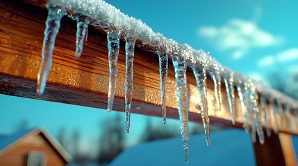 Glittering Icicles Hanging from a Wooden Rooftop, Sparkling in Sunlight Against a Clear Blue Sky, Capturing the Beauty of Winter's Frosty and Crisp Atmosphere