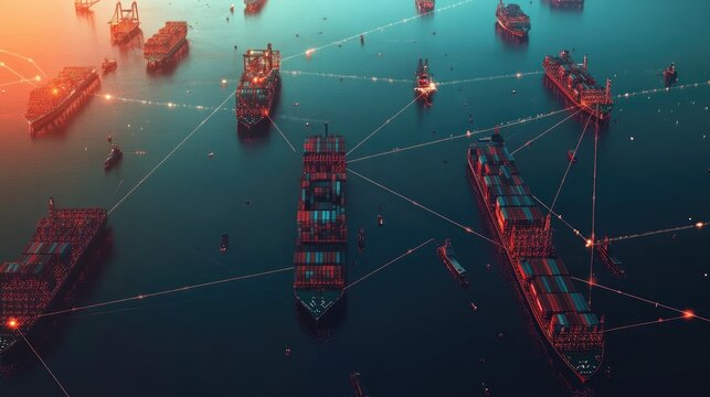 Global shipping network visualized with interconnected lines, container ships at sea 
