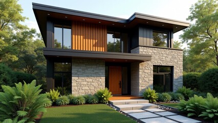 Obraz premium Natural stone lower façade with wooden upper panels, large vertically-aligned black-framed windows, sleek metal handle, minimalist stone walkway, and lush greenery for a modern, earthy look.