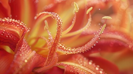 Macro Photography of a Dew-Kissed Daylily Blossom, Vibrant Orange Petals with Water Droplets, Close-Up View of Nature's Beauty