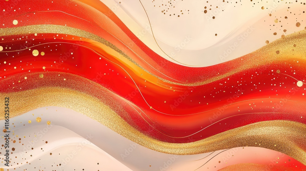 Poster fluid new year celebration abstract patterns with soft red and gold curves, evoking a sense of harmo
