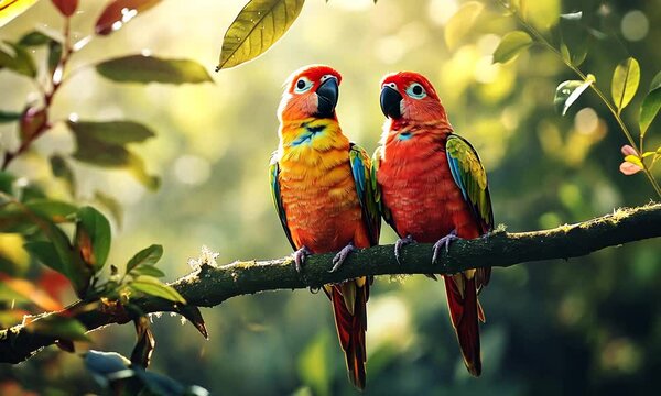 Two sun conures perched on a branch in a lush garden, bathed in sunlight.