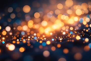 Abstract glowing bokeh lights in warm orange and blue tones create a dreamy effect on a dark background, symbolizing elegance and celebration. Ai generative