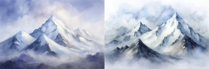 Fototapeta premium Serene watercolor mountains shrouded in mist, showcasing majestic peaks and soft hues.