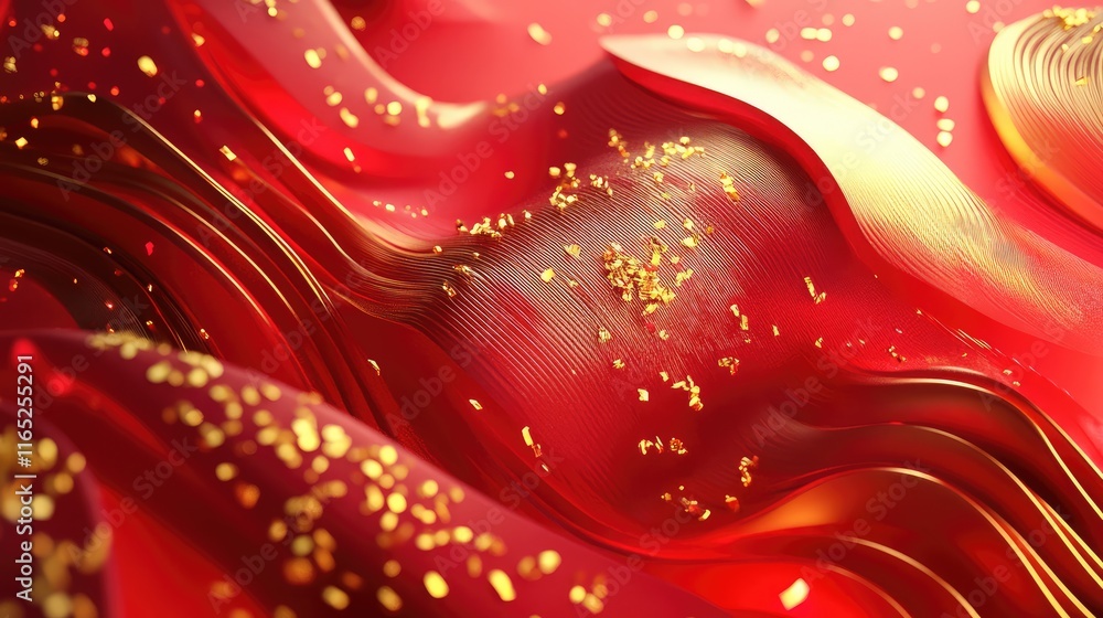 Poster futuristic 3d chinese new year design with gold-plated accents and dynamic red wave-like structures.