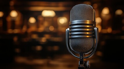 Microphone Vintage Concept. Vintage microphone with a blurred background in a dimly lit setting.
