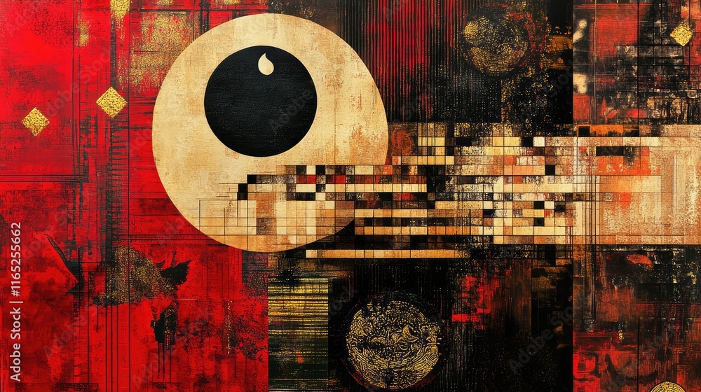 Aufkleber geometric abstract art with feng shui elements like the bagua and yin-yang, surrounded by energetic 