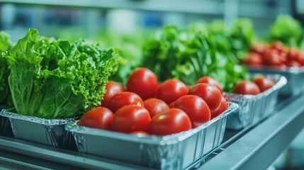 Food safety relies on quality monitoring. Fresh tomatoes and lettuce arranged in metal trays on a shelf.
