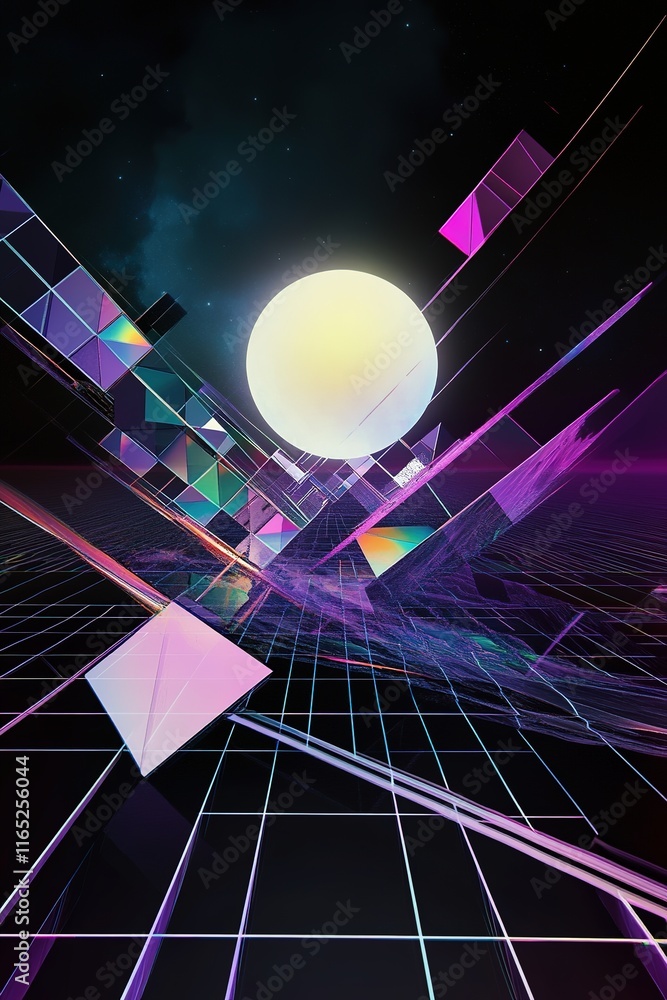Poster minimalist synthwave abstract featuring glowing moon grid lines and vibrant geometric shapes