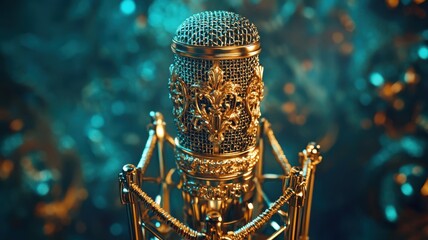 Microphone Vintage Concept. Golden microphone with intricate design against a blurred background.
