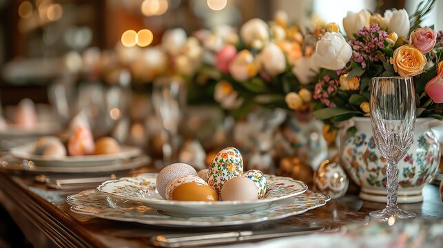 Elegant spring table setting with decorated easter eggs and floral arrangements