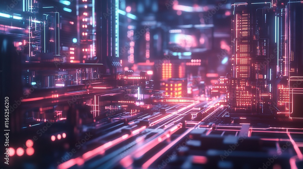 Poster abstract view of futuristic factory with connected machines and lights
