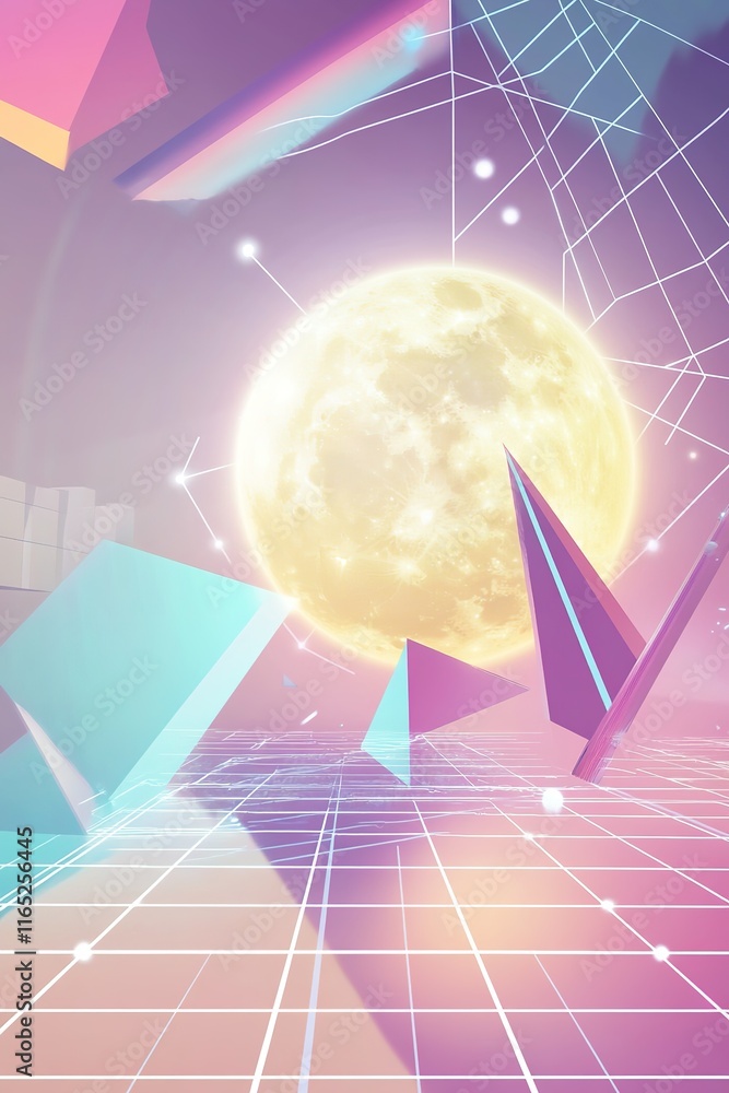 Poster minimalist synthwave abstract featuring glowing moon grid lines and vibrant geometric shapes