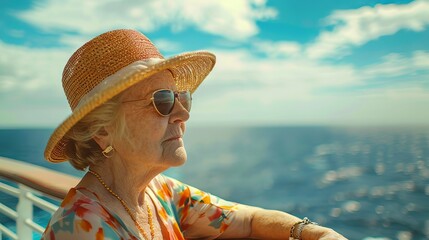 Senior woman enjoying a relaxing vacation aboard a cruise ship, looking at the ocean horizon on a sunny day.