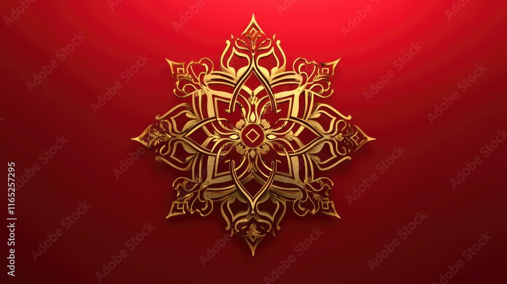 Poster geometric abstract golden ornament with intricate shapes and glowing highlights on a deep red backdr