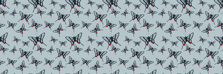 Seamless pattern of different butterfly. Hand-drawn vector insects, isolated on beige background. Spring season concept, Easter, nature.