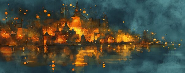 Naklejka premium Temple at twilight with glowing lanterns casting a mystical ambiance, in watercolor style. Spring Festival, festival
