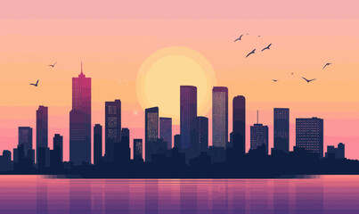 Fototapeta premium Minimalistic Sunrise Cityscape with Reflections and Birds in Flat Vector Illustration