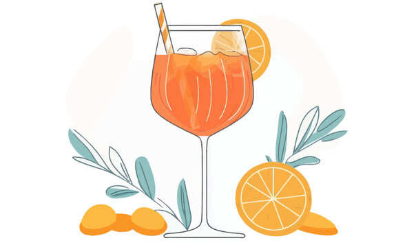 Refreshing Aperol Spritz Summer Cocktail with Citrus Slice in Minimalist Vector Art