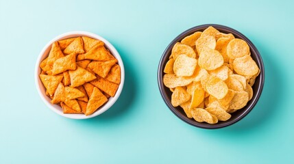 Vibrant Snack Bowls with Crispy Chips and Triangular Tortilla Treats