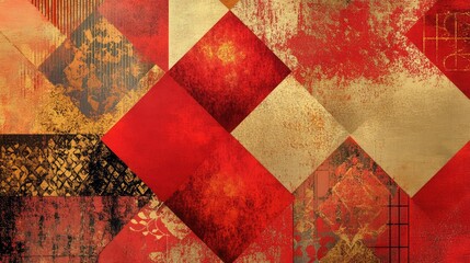 Geometric abstract patterns in red and gold for New Year, symbolizing balance, joy, and new beginnings.