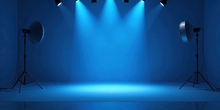 Empty blue studio backdrop with lighting equipment ready for photoshoot