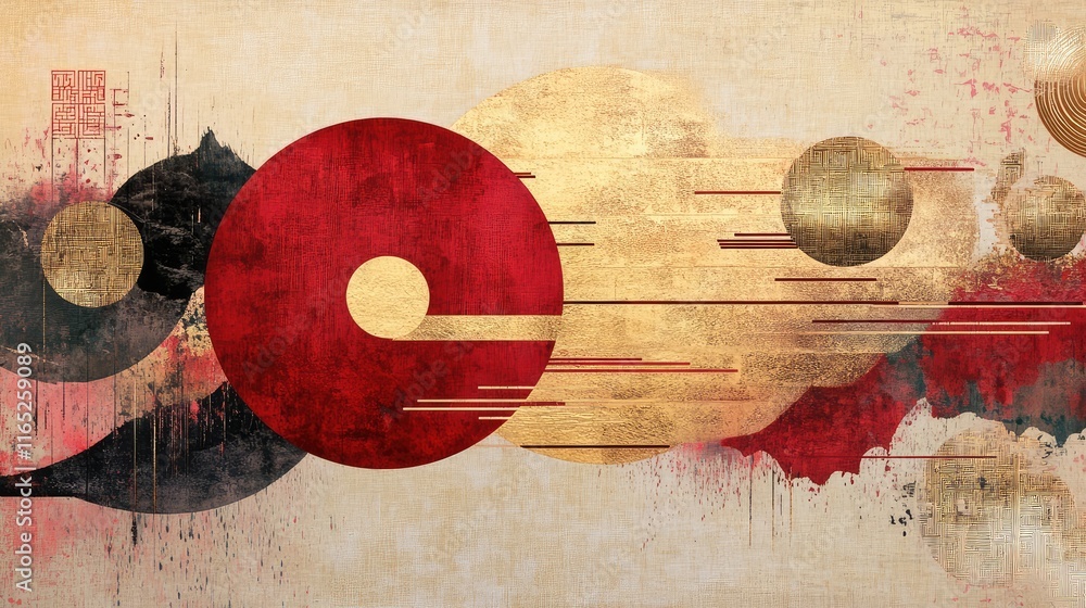 Poster geometric abstract representation of feng shui elements, incorporating the five elements in flowing 