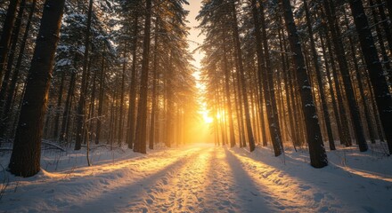 Golden sunrise amidst snowy winter forest path with tall pine trees