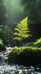 Naklejka premium A fern growing on moss with dewdrops splashing in front of the stream flows