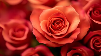 Obraz premium A close-up of a vibrant orange rose surrounded by other roses, showcasing beauty and elegance.