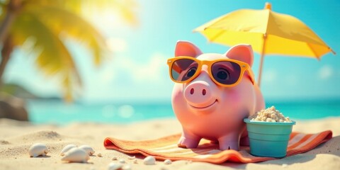 Piggy bank enjoying a beach vacation with sunglasses and a beach umbrella