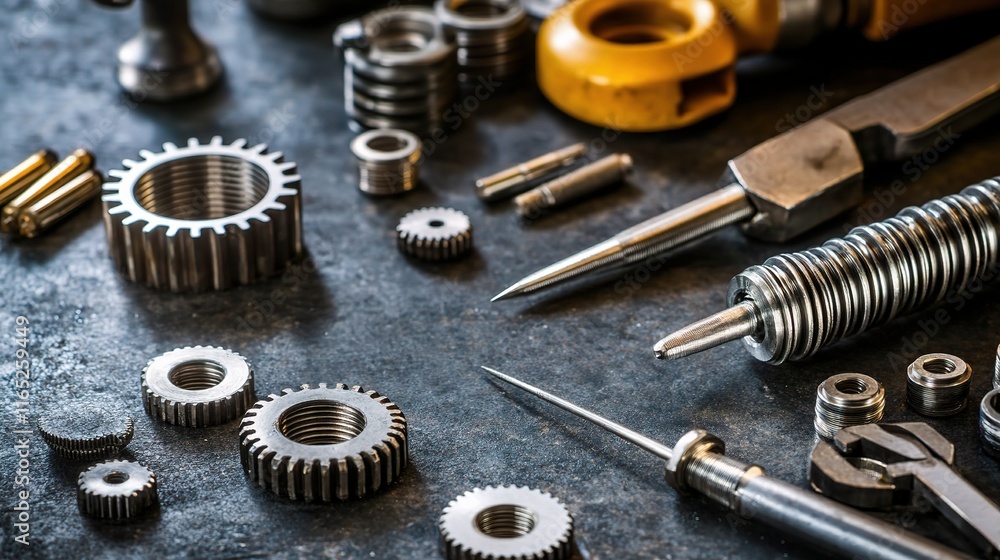Poster precision engineering tools and components on dark surface
