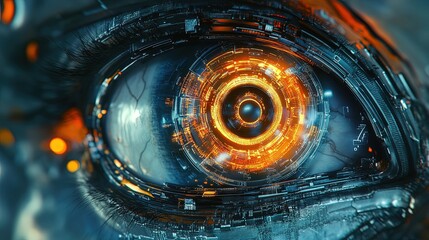 Futuristic mechanical eye with rotating gears and electronic components, highly detailed