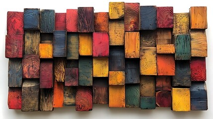 Colorful wooden blocks arranged in a dynamic pattern, creating a textured and artistic composition.