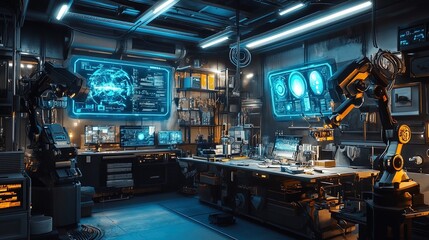 Futuristic mechanic workshop with robotic arms and holographic displays, blue industrial lighting
