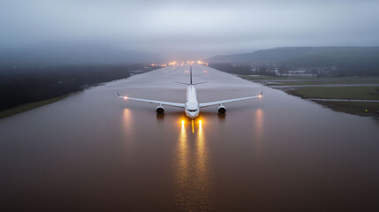 Weather impacts by storm. Infrastructure damage. Airplane on a flooded runway under a cloudy sky.