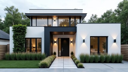 White façade with matte black accents, vertical greenery, black-framed windows, sleek metal door, tall grass planters, textured stucco walls, and uplighting for modern eco charm.