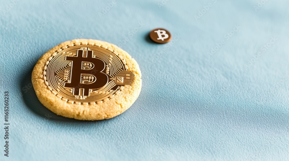 Poster a golden bitcoin cookie and a smaller bitcoin symbol are displayed on a blue background, symbolizing