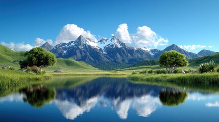 Fototapeta premium Scenic mountain landscape with a tranquil lake and lush greenery.