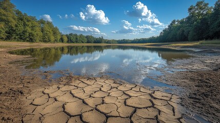 Serene desert lagoon with cracked earth reflecting blue sky and clouds