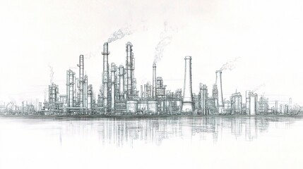 Obraz premium Detailed Line Drawing of an Industrial Landscape with Oil Refineries