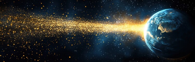 Obraz premium A planet in space, with light beams emanating from it and the Earth on its right side. 