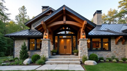 Obraz premium Rustic-modern façade with stone walls, glass windows, timber beams, matte metal roof, wooden door, iron hardware, stone steps, native plants, and lantern lighting for balanced charm.